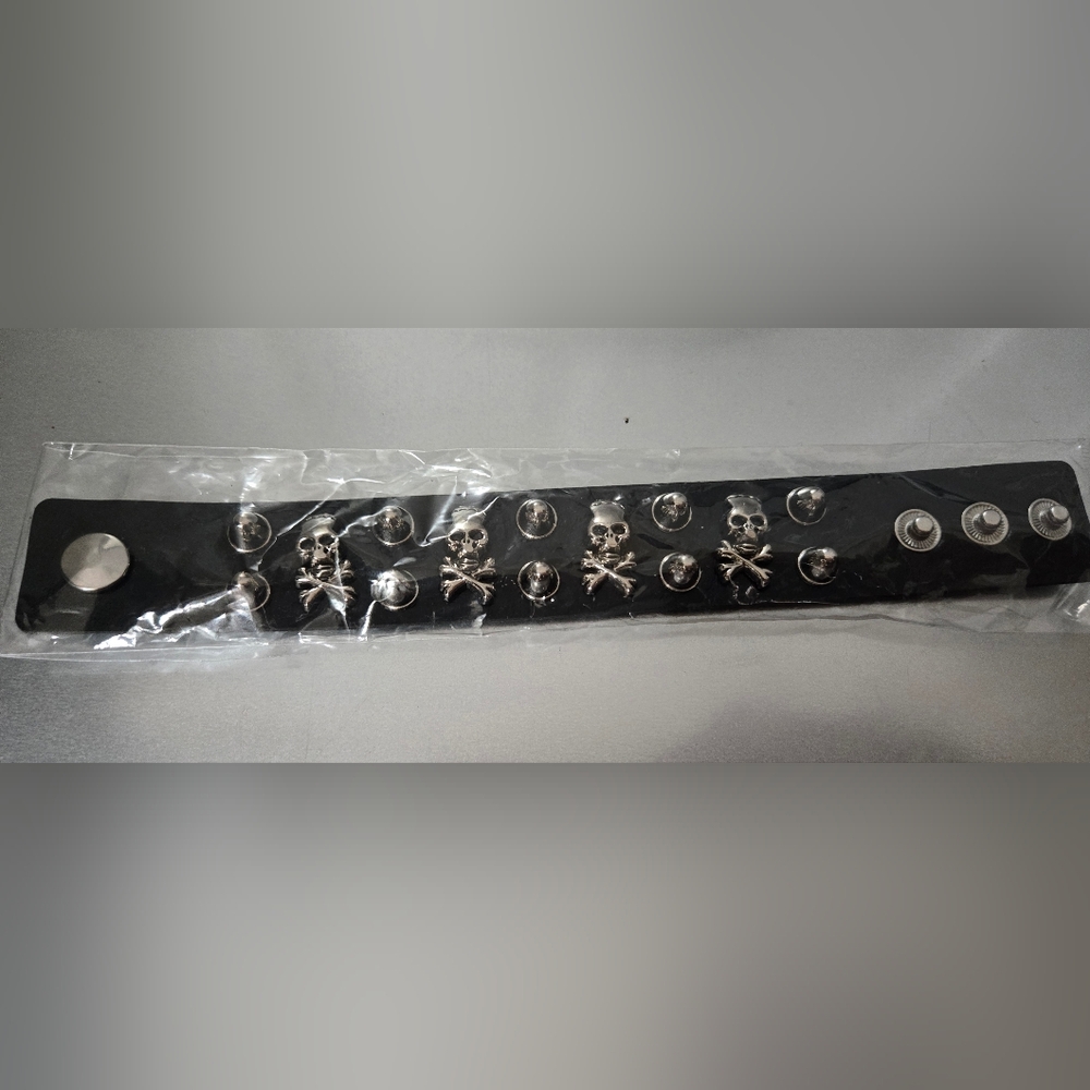 Black Skull Studded Bracelet, Snap Closure, New